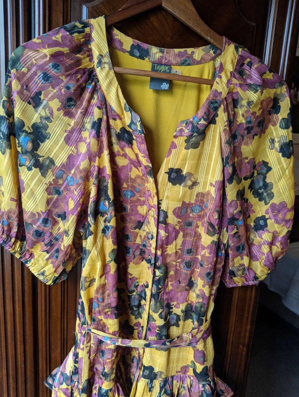 Yellow Floral Puff-Sleeve Women's Dress